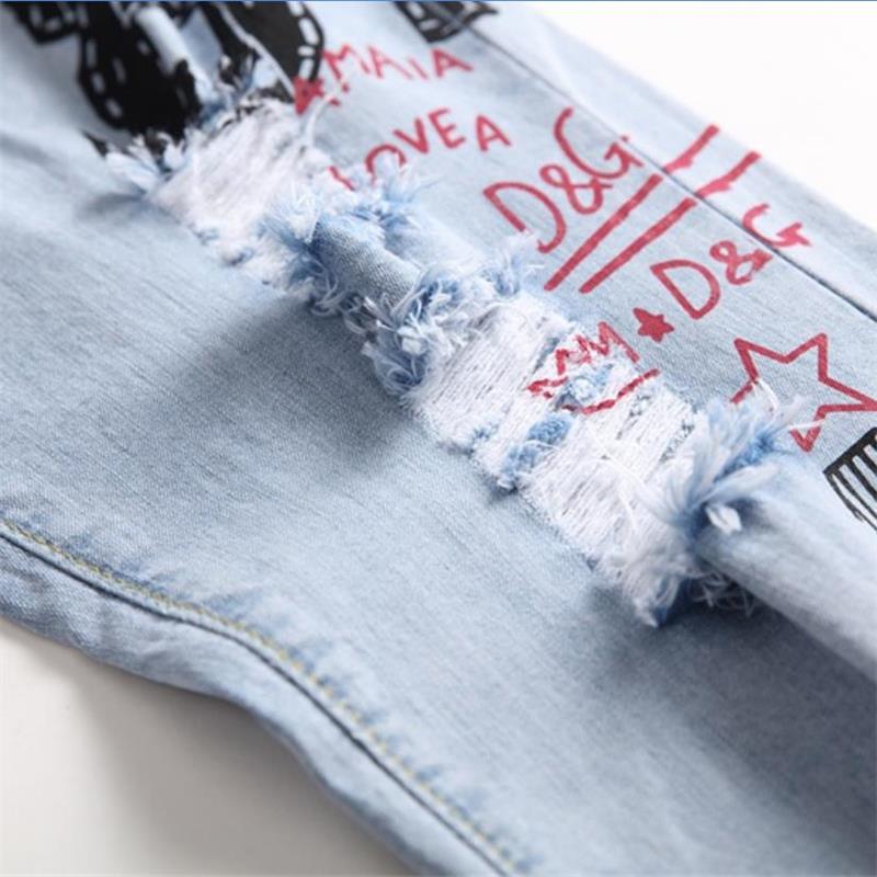 Printed Punk Style Ripped Straight CutMen Jeans