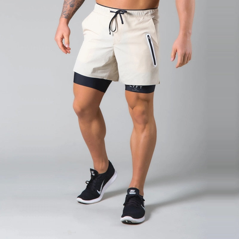 2 in 1 Solid Drawstring Style Gym Shorts
