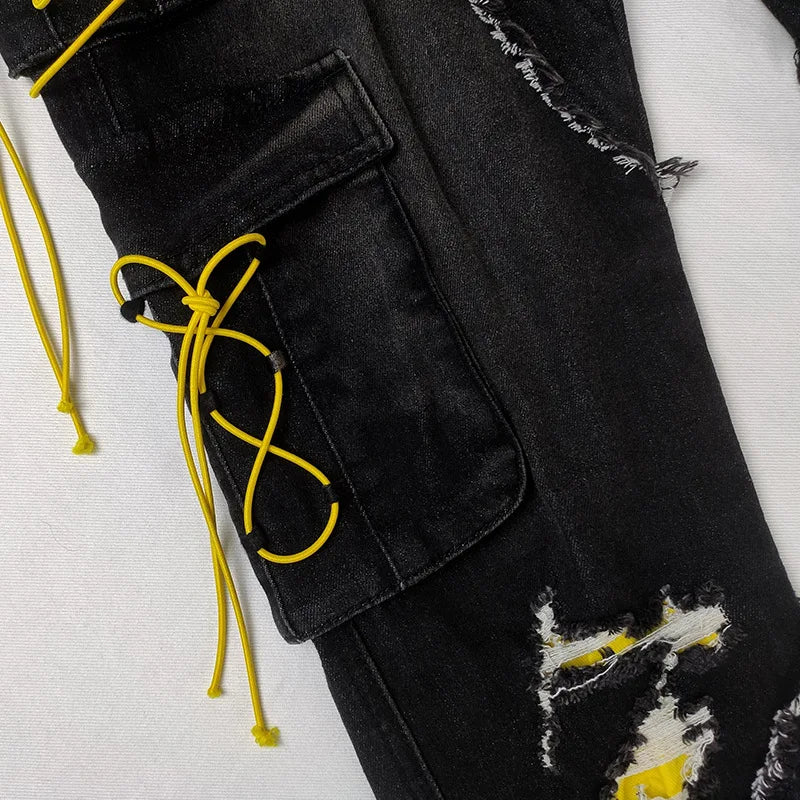 Black Ripped Lace-Up Straight Jeans