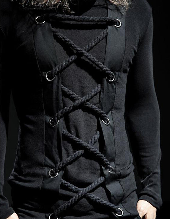 Rope Closing Detail Punk Rock Gothic Style Men Long Sleeves T-Shirt