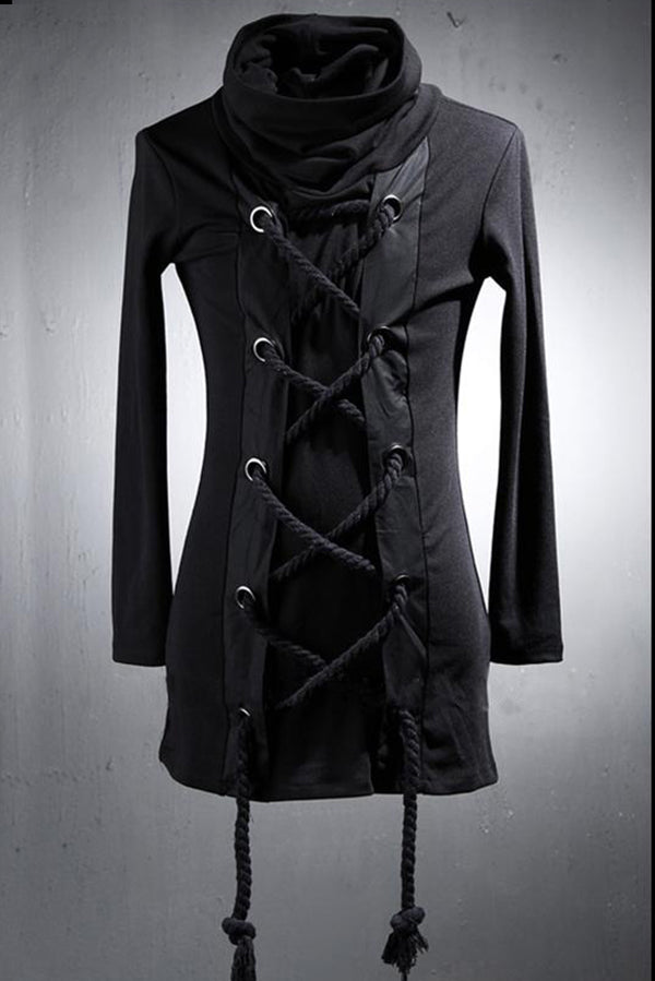 Rope Closing Detail Punk Rock Gothic Style Men Long Sleeves T-Shirt