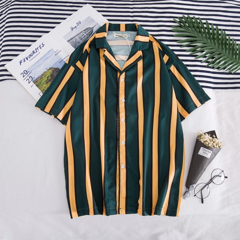 Summer Stripe Print Casual Short Sleeve Style Men Shirt