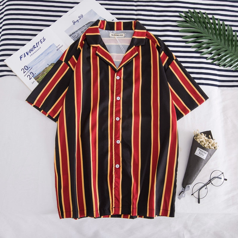 Summer Stripe Print Casual Short Sleeve Style Men Shirt