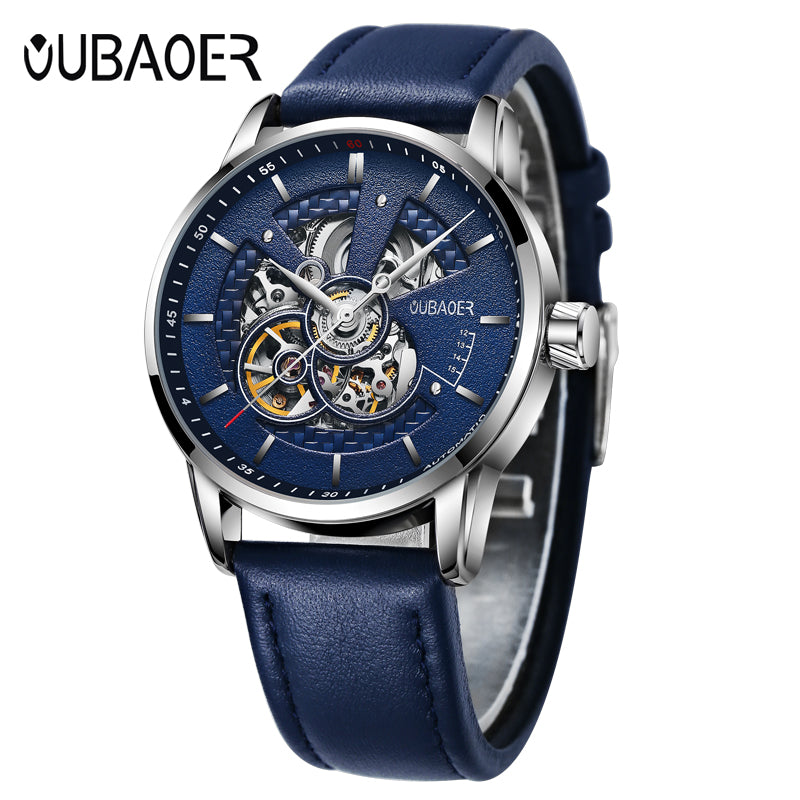 Simple Sport Style Semi Skeleton Men Automatic Watch with Leather Strap