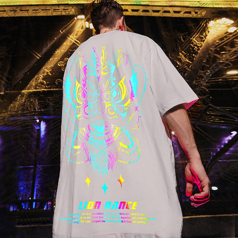 Oversize Hip Hop Rainbow Dragon Head Printed T-Shirt