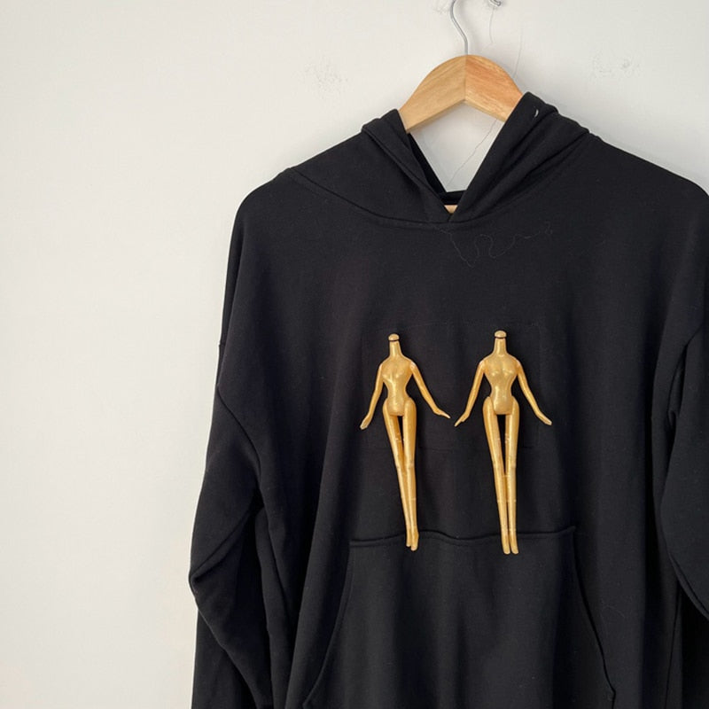 Black Color Printed Loose Hoodie