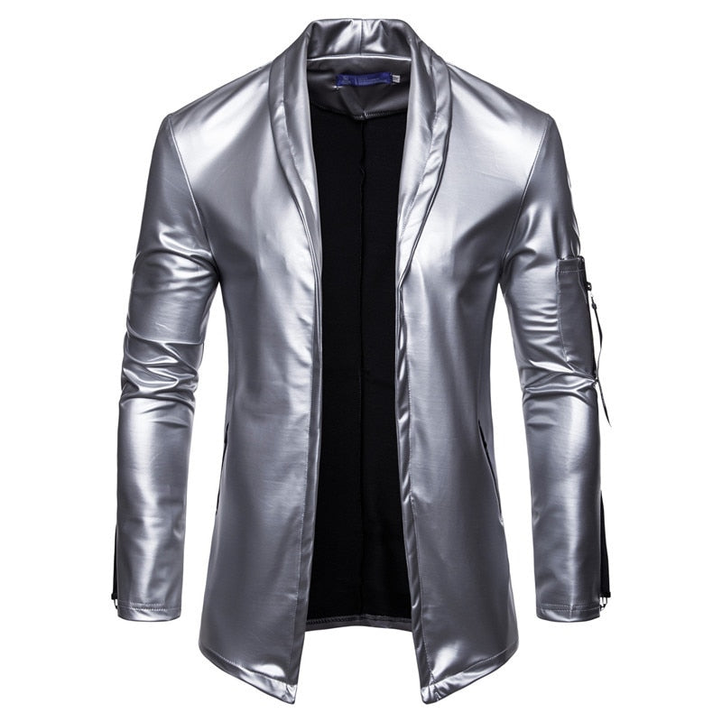 PU Leather Metallic Color Men Slim Fit Blazer