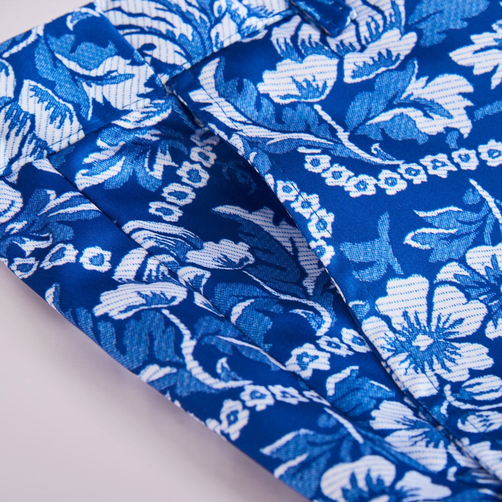 Vintage Floral White Blue Print Men Slim Fit Suit