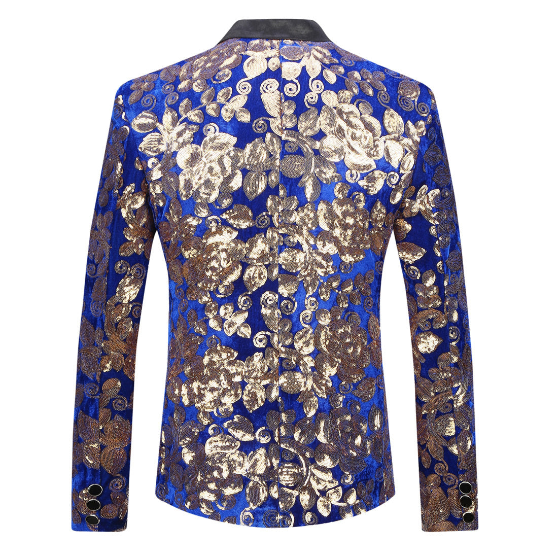 Electric Blue with Gold Sequins Shawl Lapel Men Velvet Slim Fit Blazer - FanFreakz