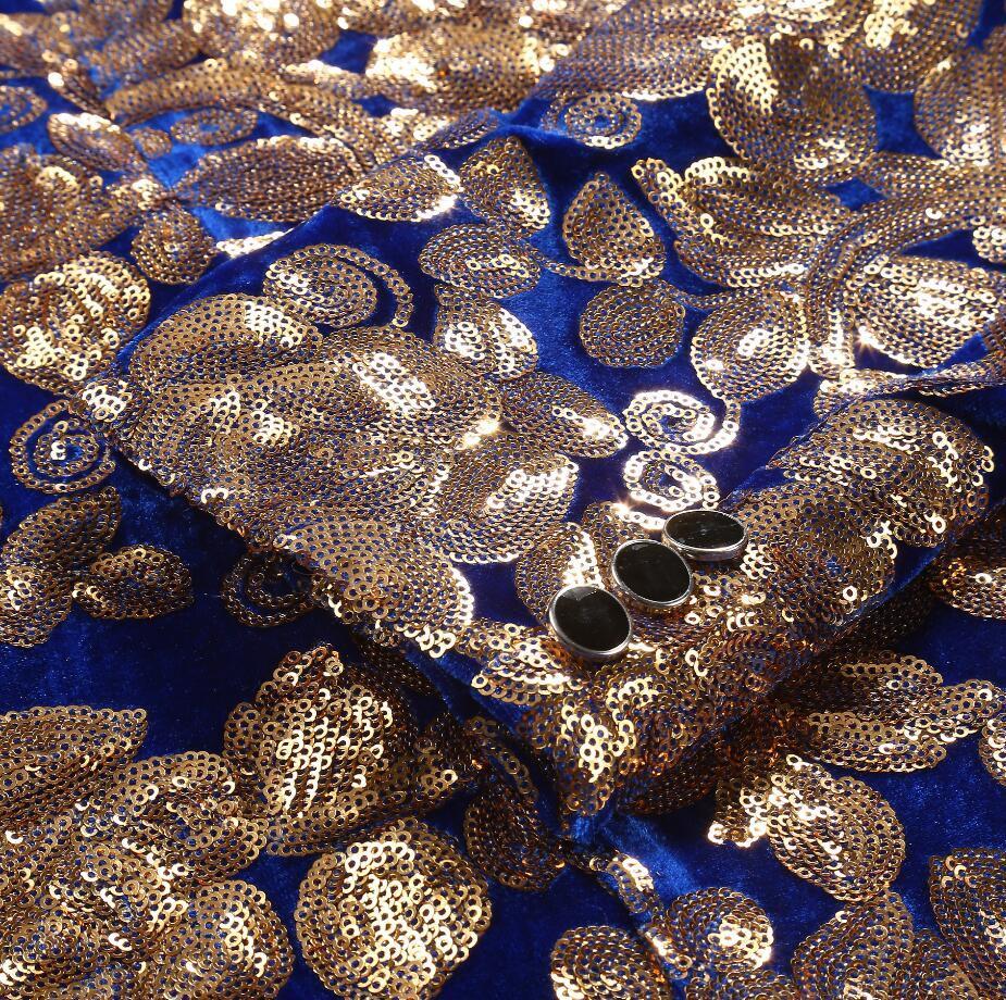 Electric Blue with Gold Sequins Shawl Lapel Men Velvet Slim Fit Blazer - FanFreakz