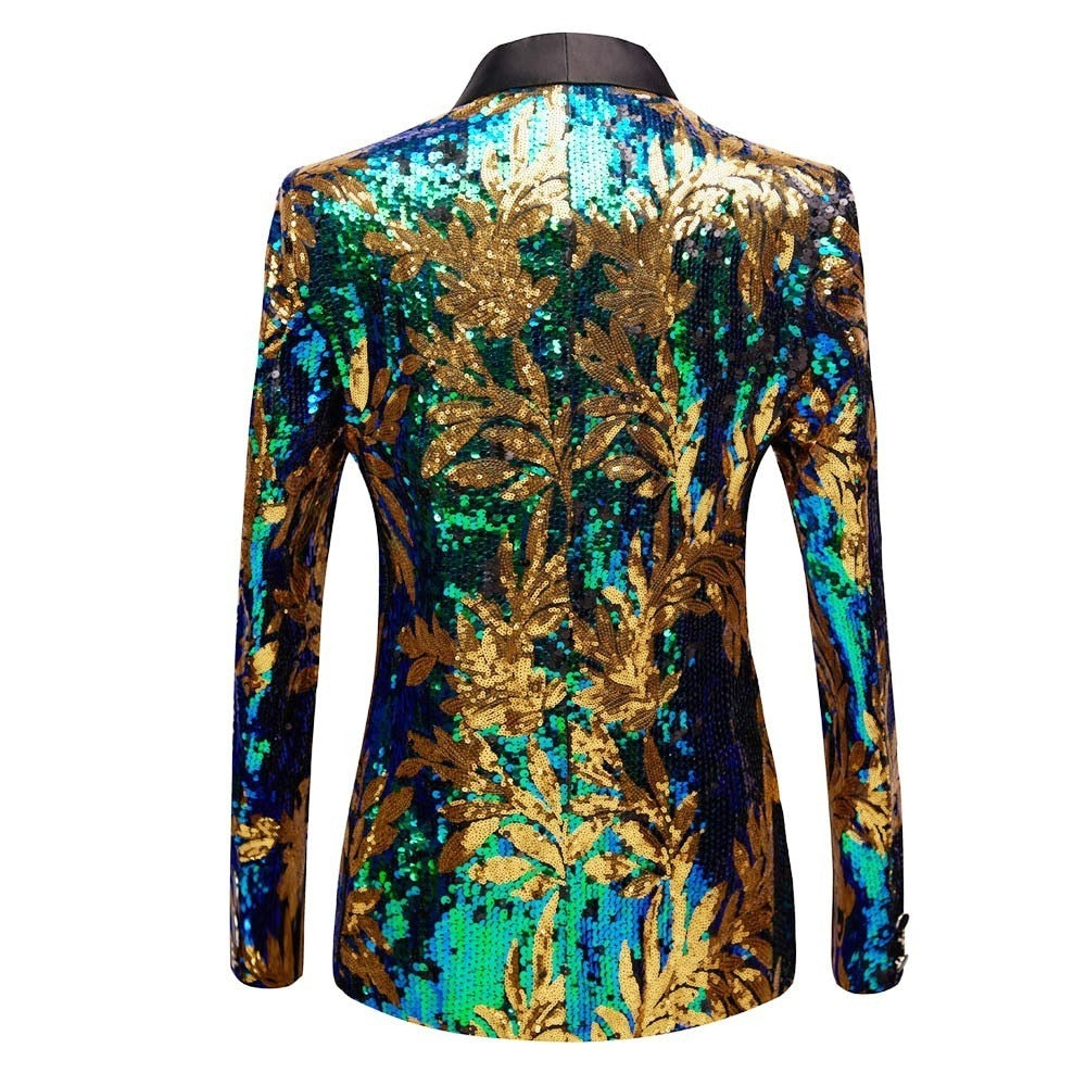 Green Blue Gold Leaves Pattern Sequins Detail Men Blazer