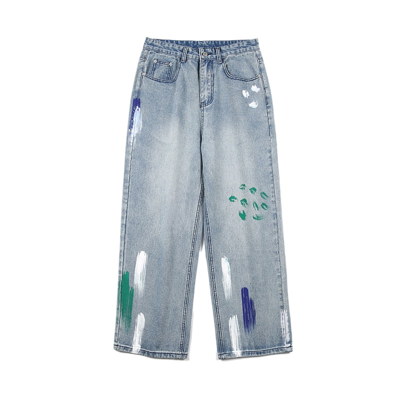 Abstract Paint Decoration Loose Mid Waist Jeans