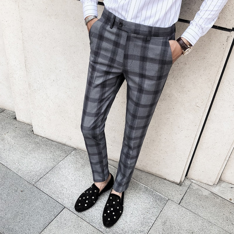 Black Grey Slim Fit Neat Dress British Style Men Trouser