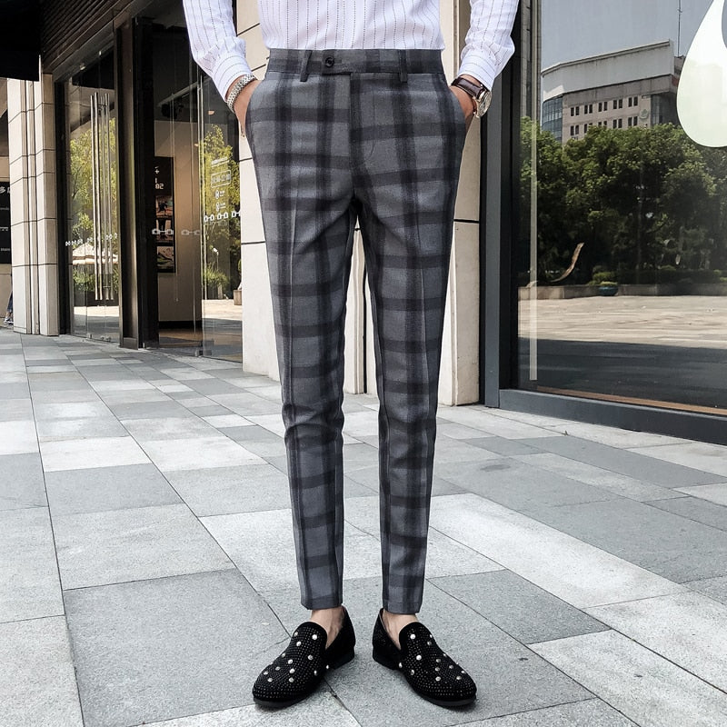 Black Grey Slim Fit Neat Dress British Style Men Trouser