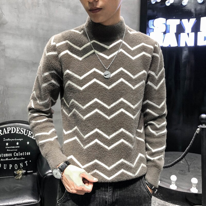 High Neck Stroke Stripe Casual Style Men Sweater