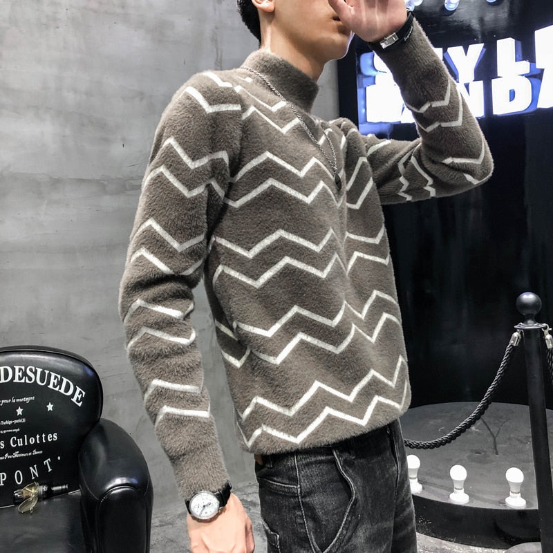 High Neck Stroke Stripe Casual Style Men Sweater