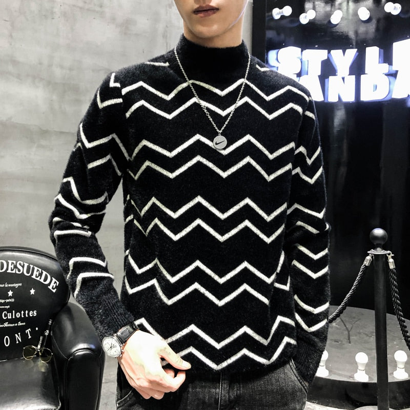 High Neck Stroke Stripe Casual Style Men Sweater