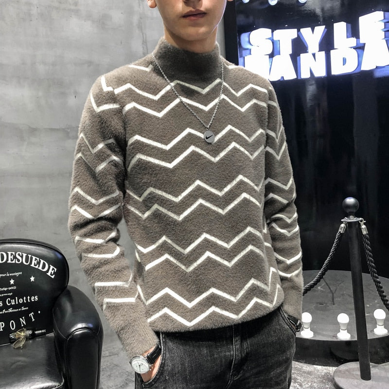 High Neck Stroke Stripe Casual Style Men Sweater