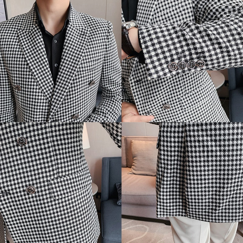 Geometric Plaid Peak Lapel Style Blazer