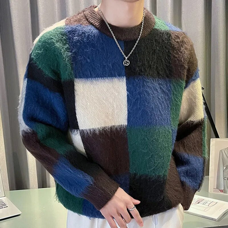 Plaid Contrasting Color Stitching Knitted Sweater