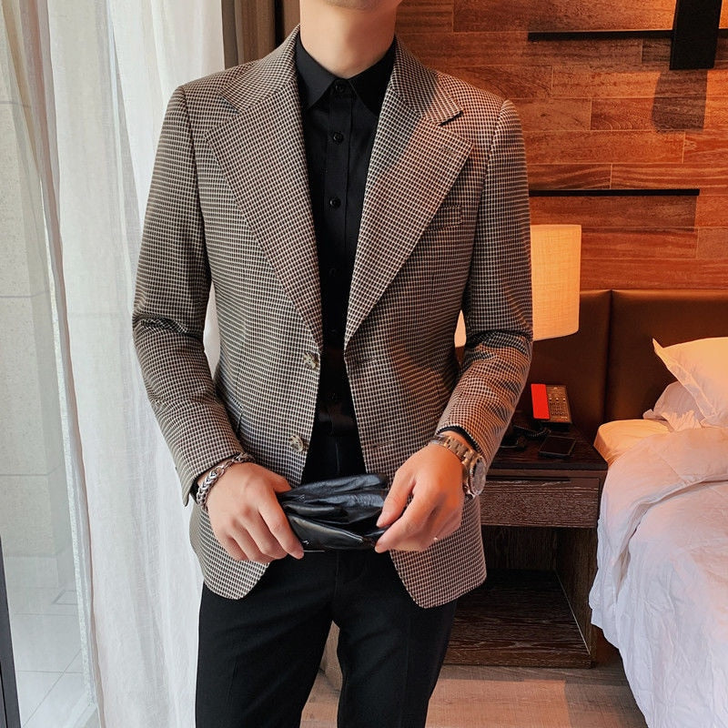 Grey Plaid Pattern Single Button Blazer