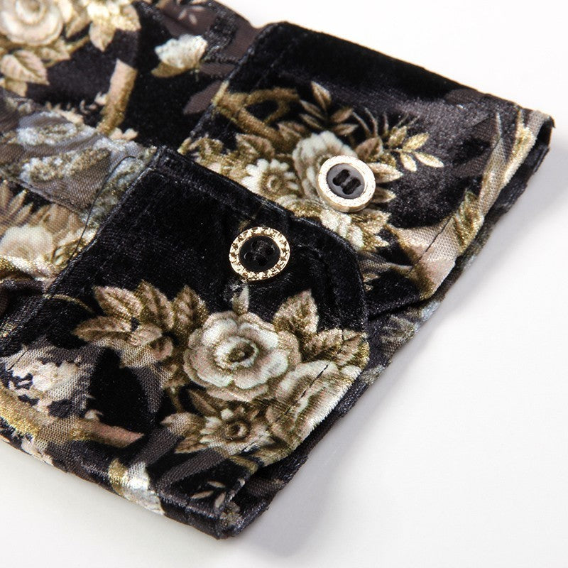 Gold Planting Bird Print Semi See Through Men Velvet Shirt