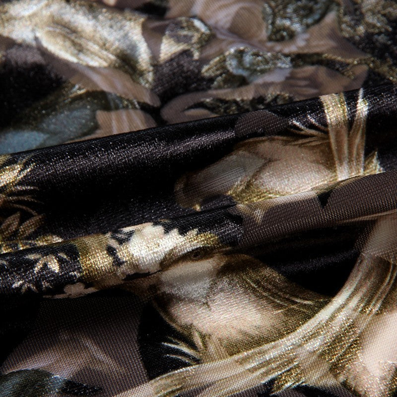 Gold Planting Bird Print Semi See Through Men Velvet Shirt