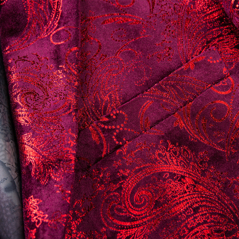Baroque Pattern Men Slim Fit Burgundy Velvet Blazer - FanFreakz