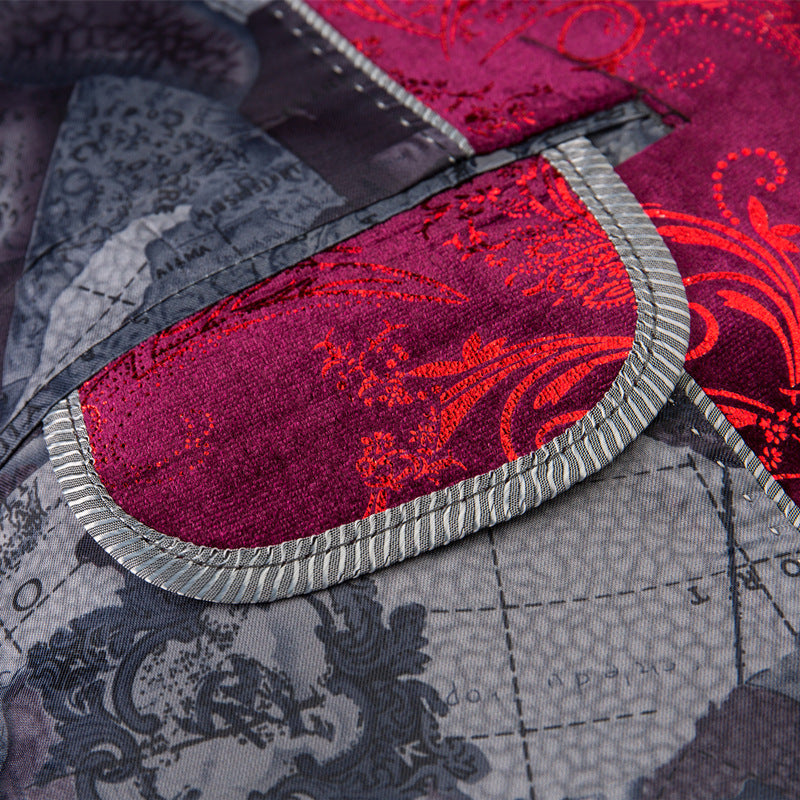 Baroque Pattern Men Slim Fit Burgundy Velvet Blazer - FanFreakz