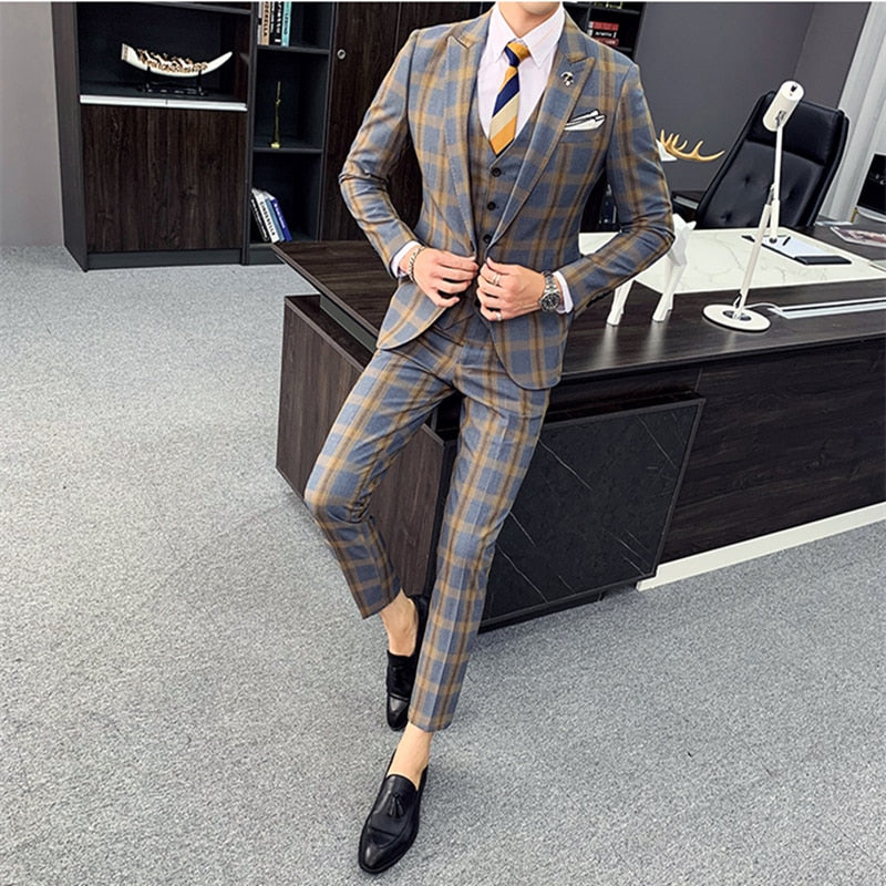 Khaki Gray Plaid Classic Slim Fit Formal Style Men Suits