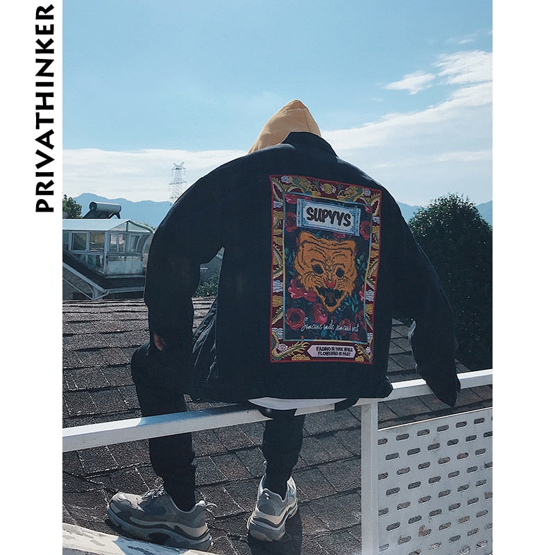 Black with Colourful Embroidery Streetwear Men Denim Jacket - FanFreakz