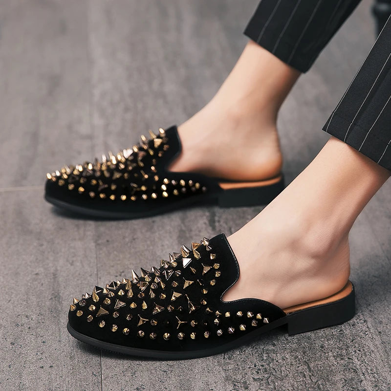Rivet Rhinestone Decoration Black Mules Shoes
