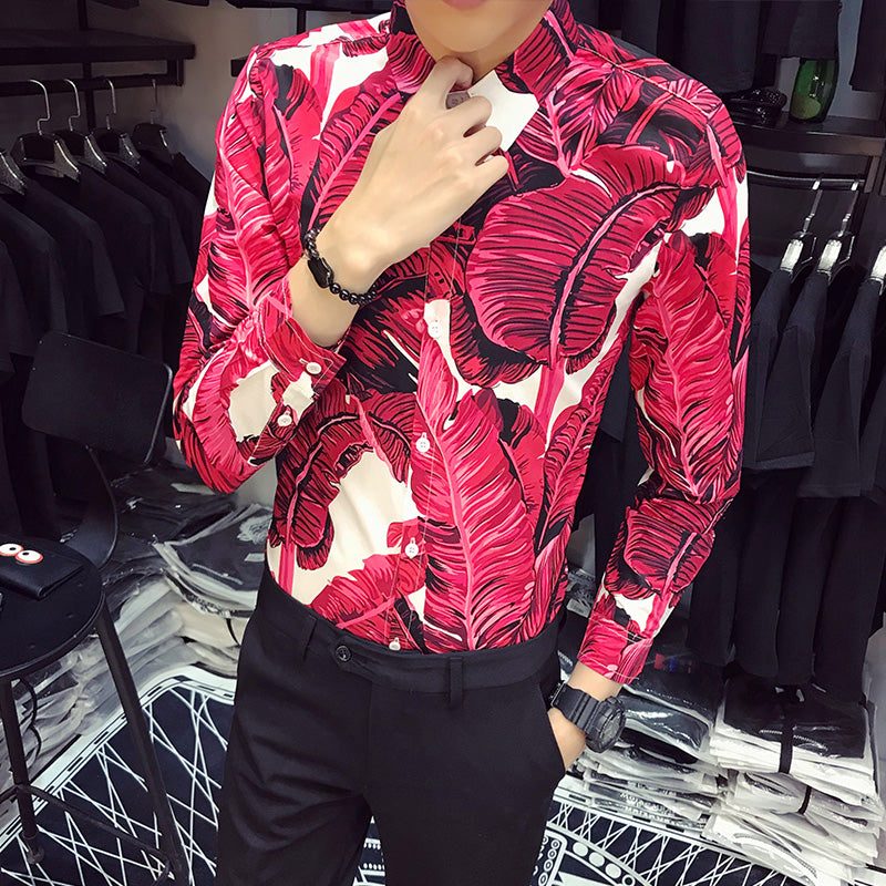 Banana Leaves Print in Bold Color Men Slim Fit Long Sleeves Shirt - FanFreakz
