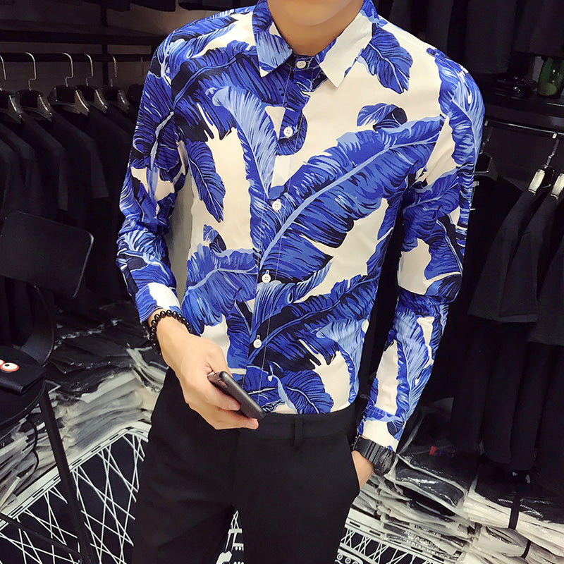 Banana Leaves Print in Bold Color Men Slim Fit Long Sleeves Shirt - FanFreakz