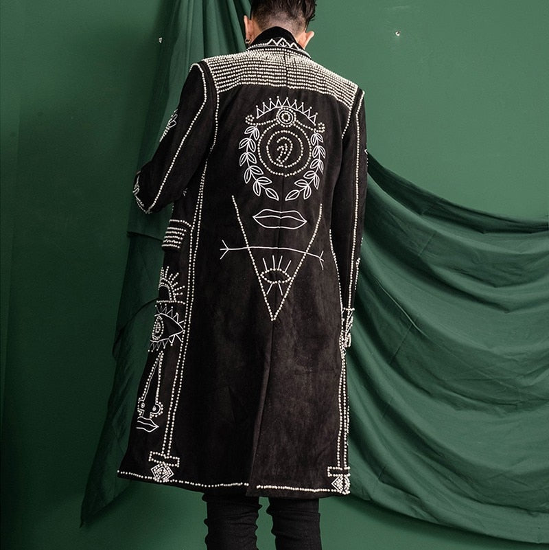 Beads Sequin Black Baroque Men Long Blazer - FanFreakz