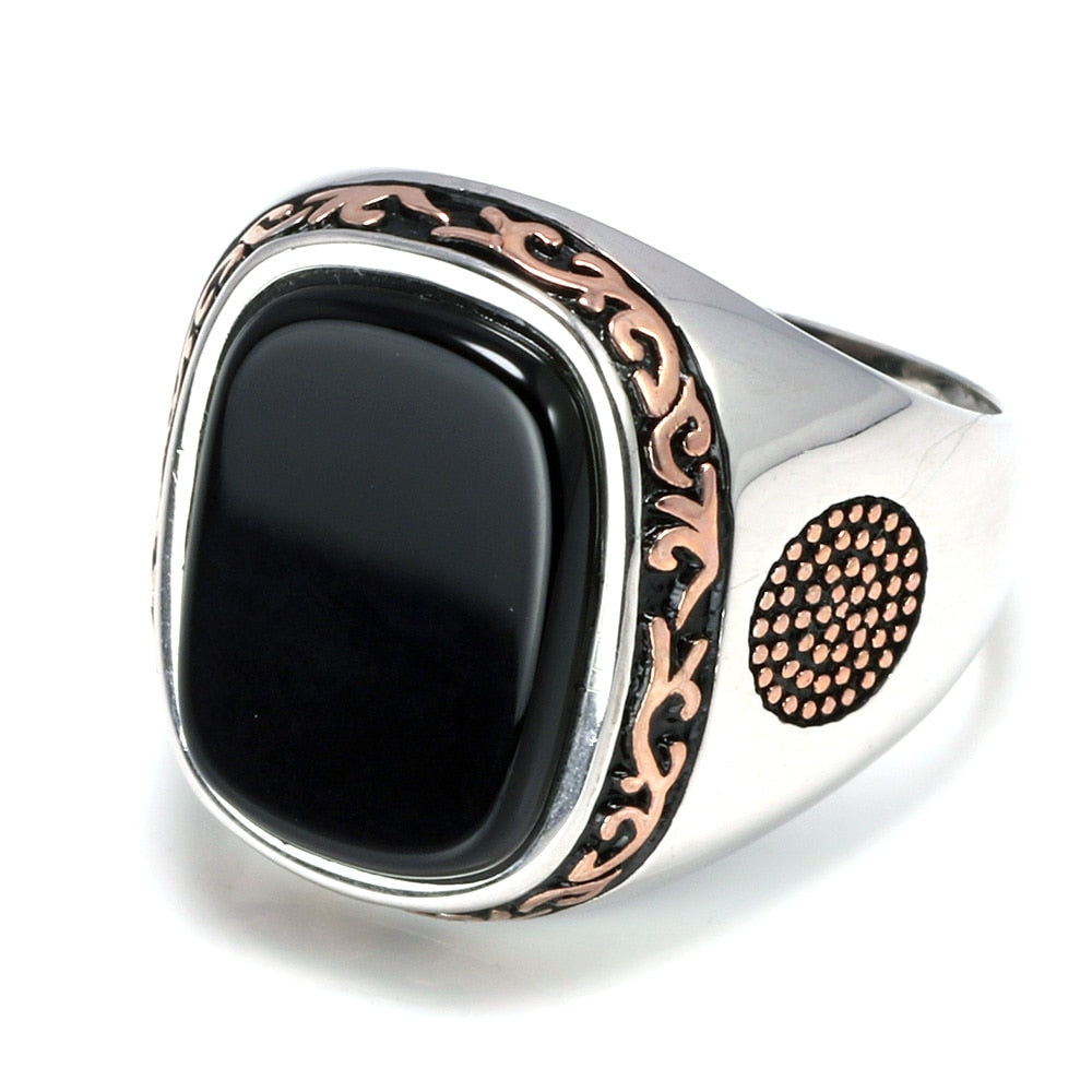 Silver Retro With Natural Black Onyx Stones Men Fashion Rings