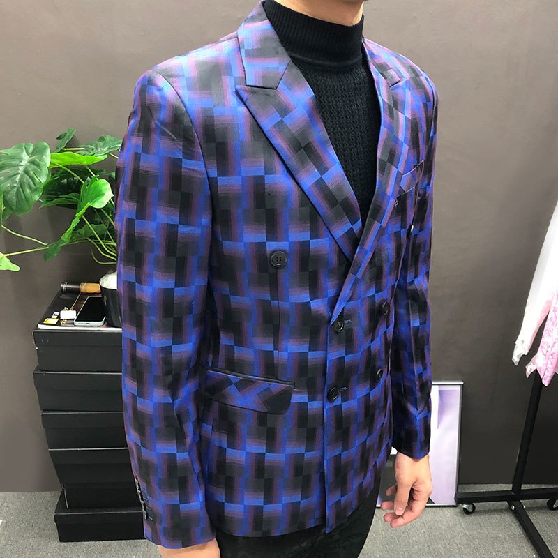 Color Contrast Geometric Double-Breasted Blazer
