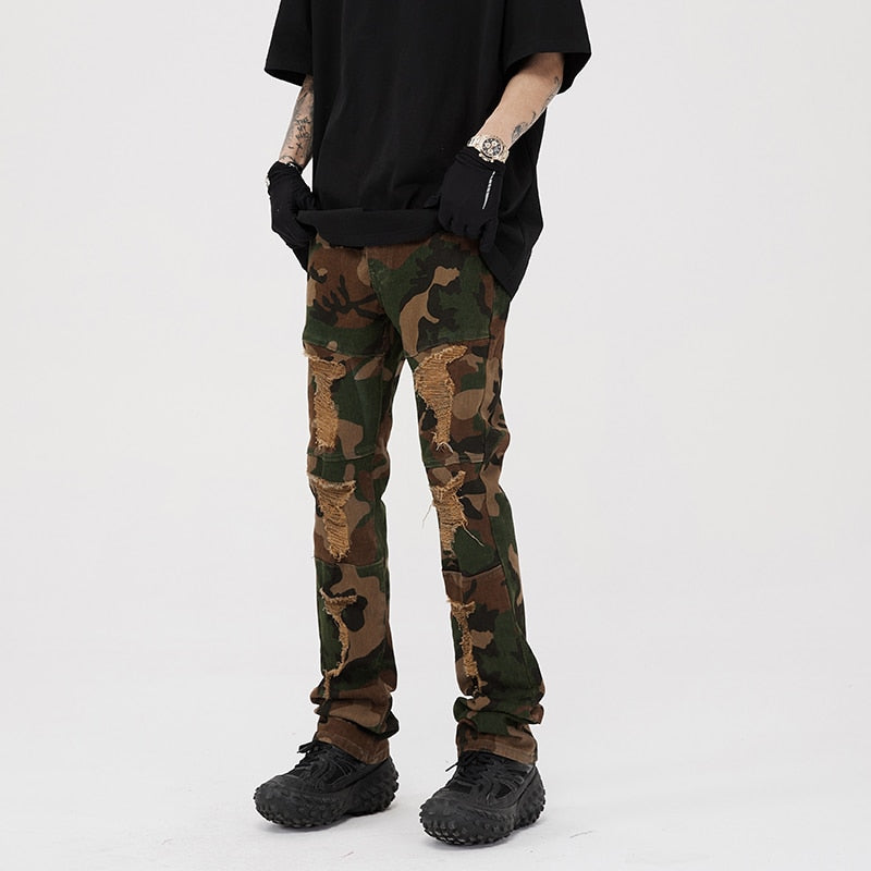 Retro Camouflage Ripped Green Jeans