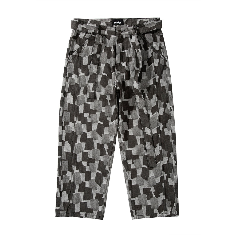 Patchwork Pattern With Strap Loose Jeans