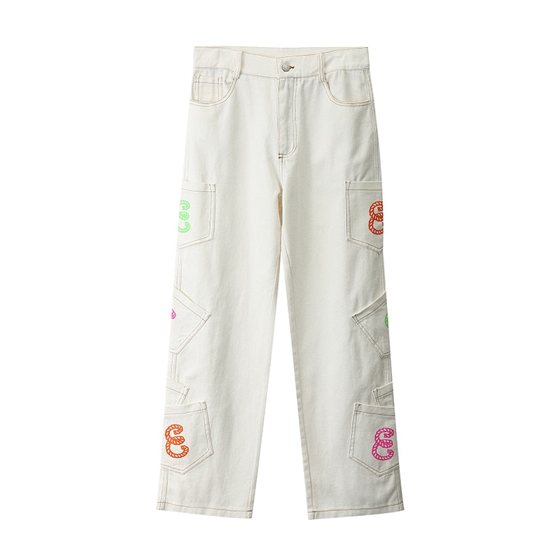 Retro Pocket Letter Patchwork Loose Jeans