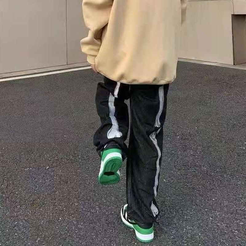 Skull Hand Bone Printed Oversized Denim Jeans