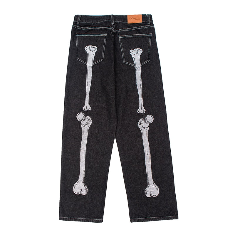 Skull Hand Bone Printed Oversized Denim Jeans