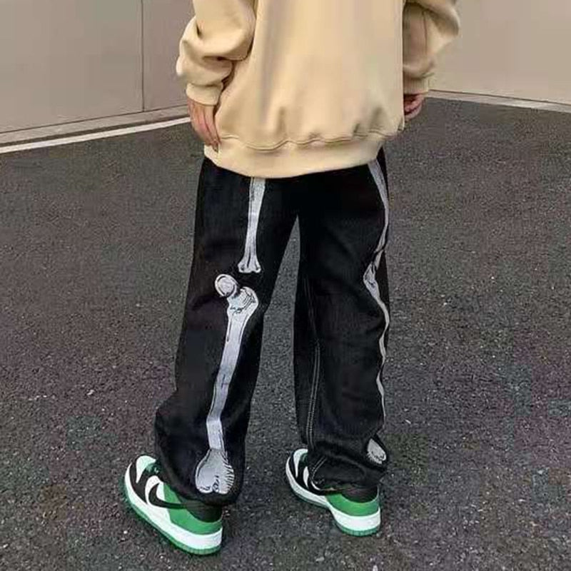 Skull Hand Bone Printed Oversized Denim Jeans