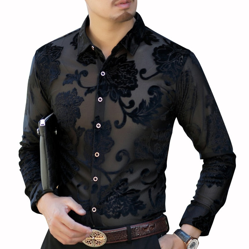 Sexy See Through Rose Flower Pattern Men Long Sleeves Shirt