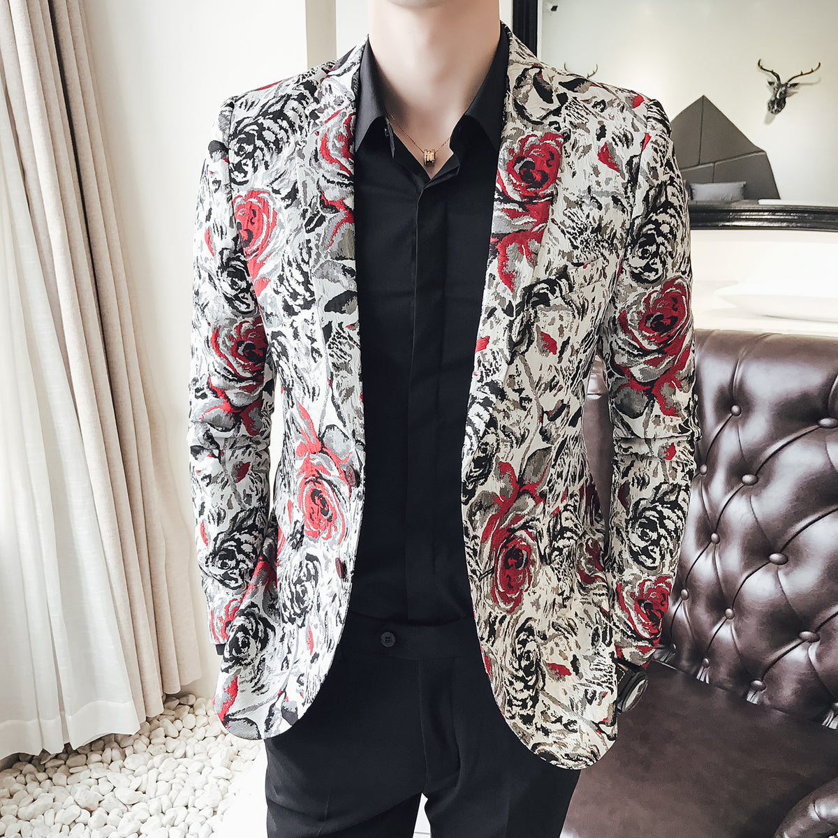 Rose in Contrast Print Men Slim Fit Velvet Blazer