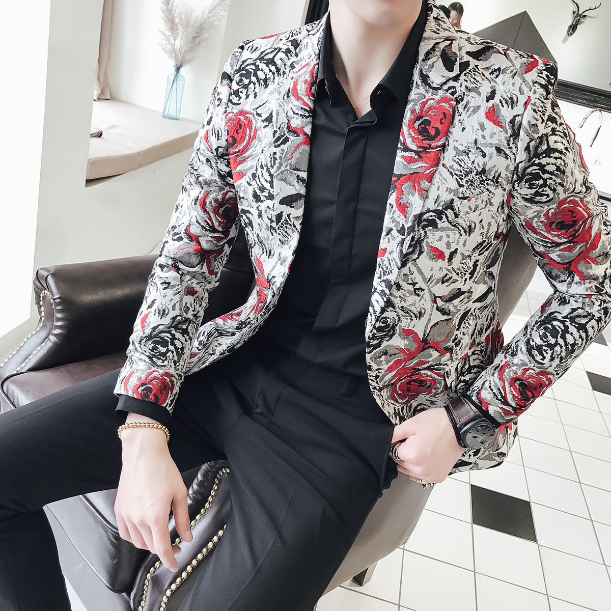Rose in Contrast Print Men Slim Fit Velvet Blazer