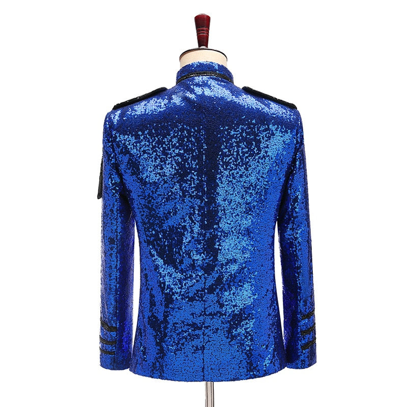 Royal Blue Sequin Cotton Polyester Military Style Blazer