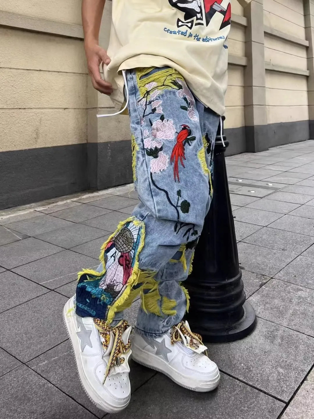 Embroidery Patchwork Ripped Jeans