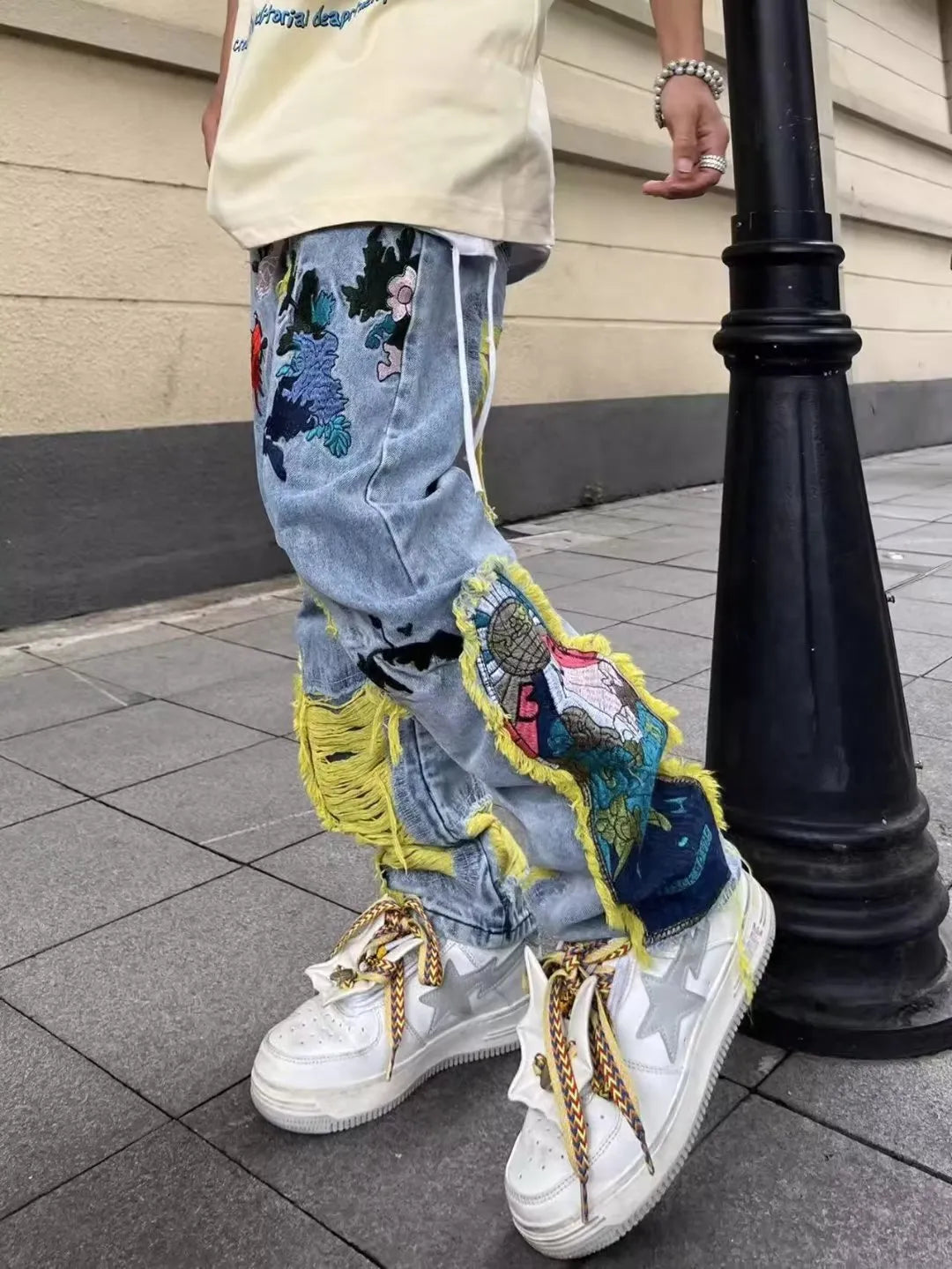 Embroidery Patchwork Ripped Jeans