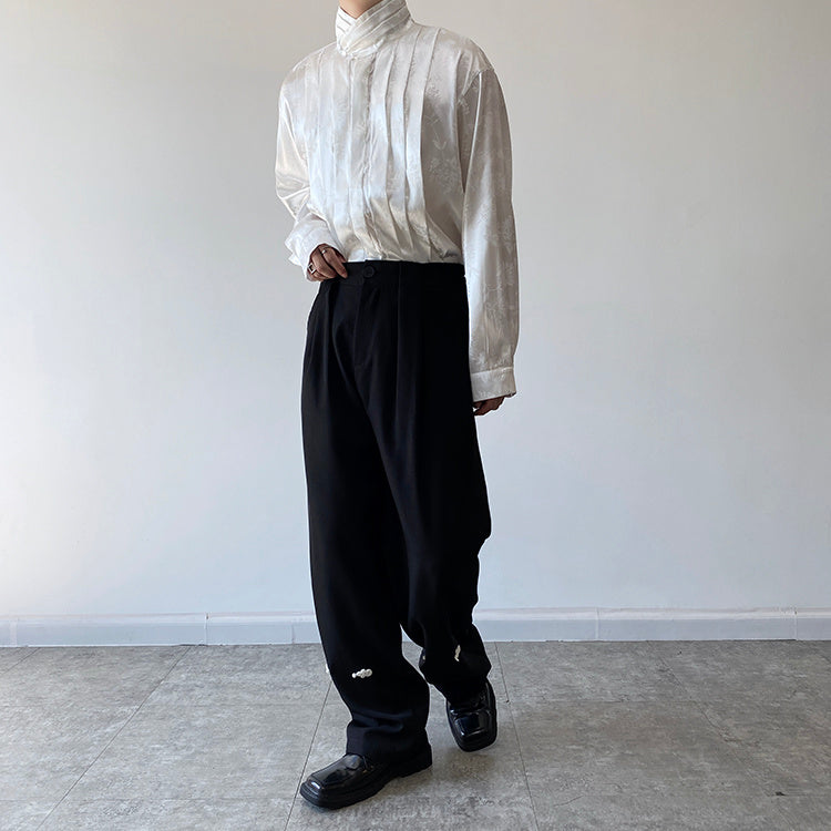 Chinese Pleated Stand Collar Shirt
